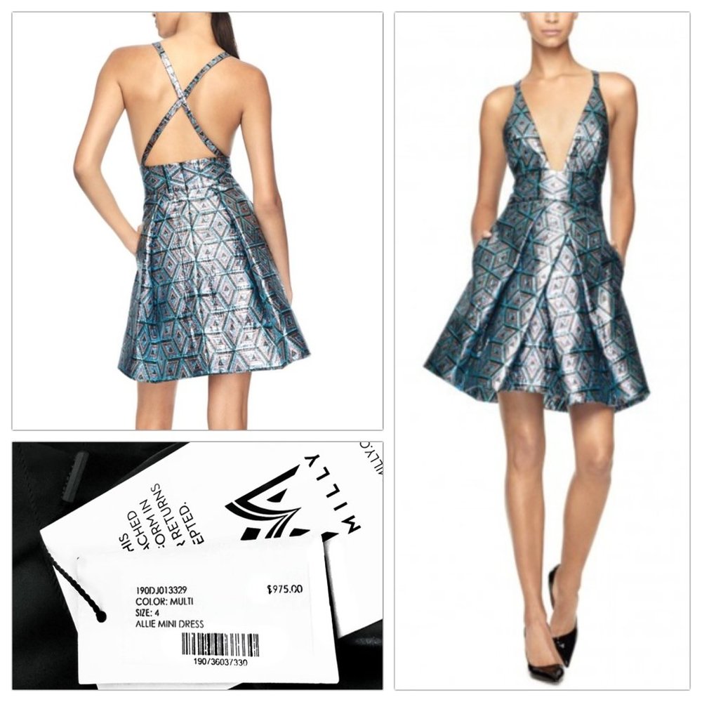 NWT Milly Runway Metallic Diamond Jacquard Deep V-Neck Inverted Pleat Mini Dress